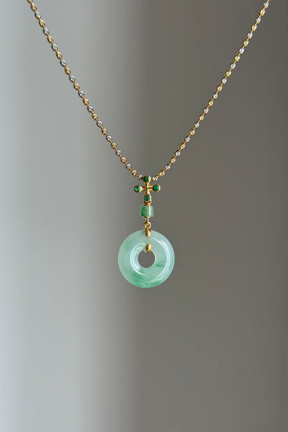 #P0541 "Bi" Icy Sun Green Jadeite Jade Donut 18K Yellow Gold Pendant