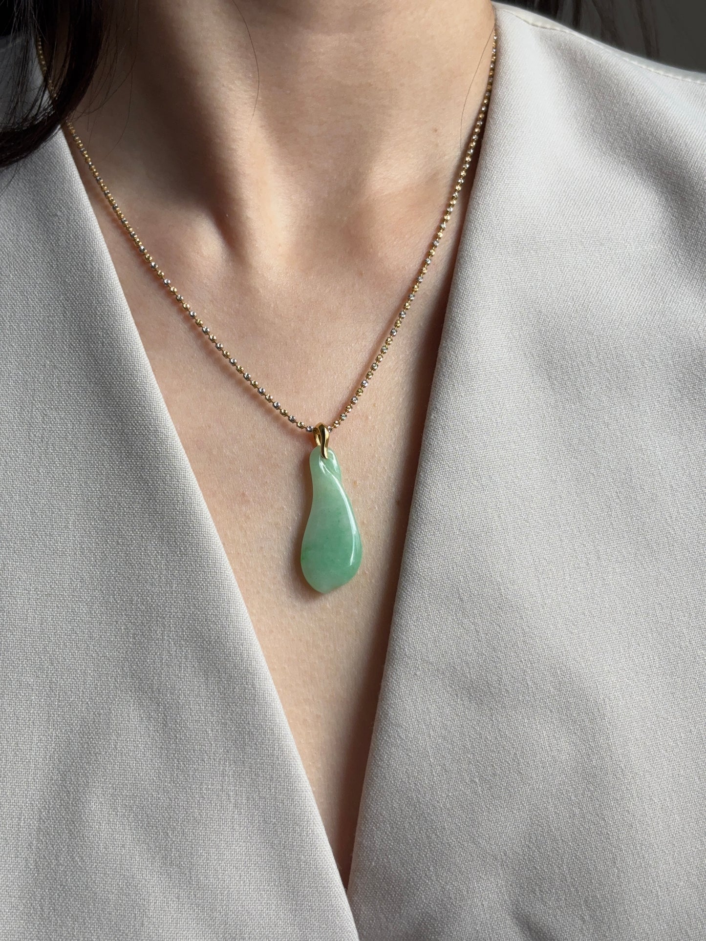 #P0508 "Freeform Fortune Melon" Sun Green Jadeite Jade 18K Rose Gold Pendant