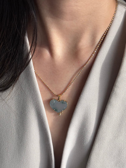 #0470 "Melting Heart" Icy Lavender Green Flower Jadeite Jade 18K Yellow Gold Pendant