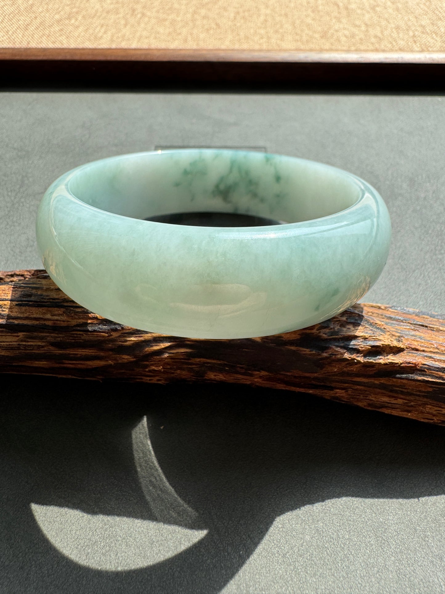 #0384 Icy Bluish Green Flower Wide Jade Bangle Size 61.7