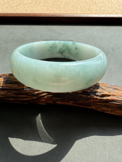 #0384 Icy Bluish Green Flower Wide Jade Bangle Size 61.7
