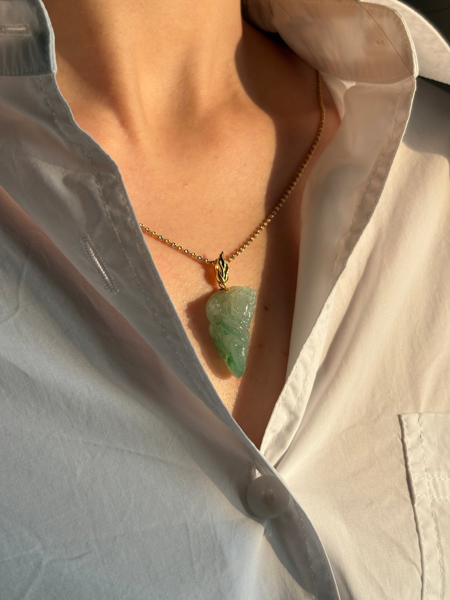 #P0533 "Fire Dragon" Icy Green Jadeite Jade 18K Yellow Gold Pendant