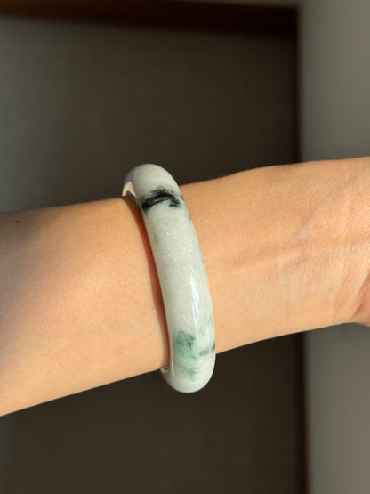 #0402 White Green Ink Flower Jade Bangle Size 56.5