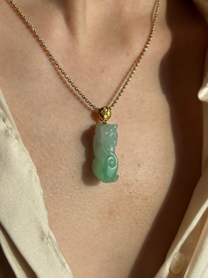 #P0550 "Pixiu" Icy Vivid Sun Green Jadeite Jade 18K Yellow Gold Pendant