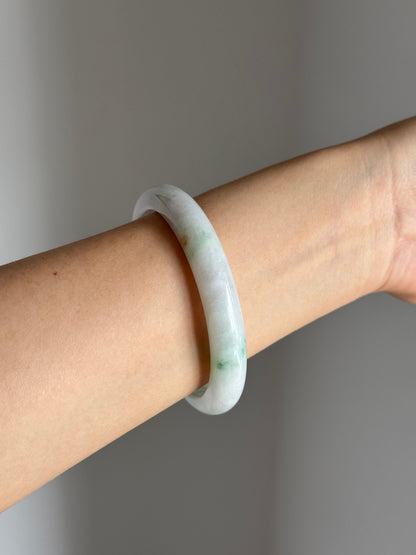 #0394 Green Flower White Jade Bangle Size 58