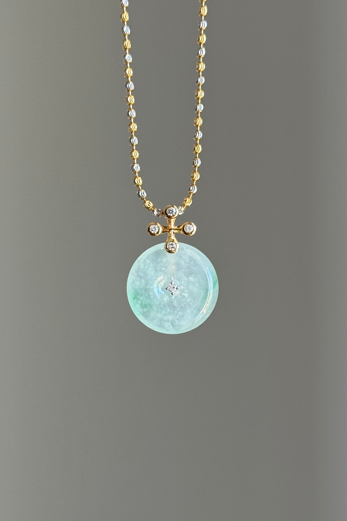 #P0571 "Blossom Bi" Highly Icy White Sun Green Jadeite Jade Donut 18K Yellow Gold Pendant