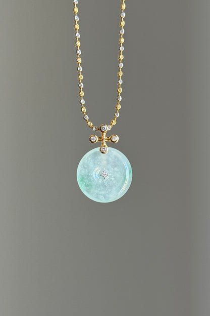 #P0571 "Blossom Bi" Highly Icy White Sun Green Jadeite Jade Donut 18K Yellow Gold Pendant