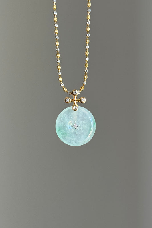 #P0571 "Blossom Bi" Highly Icy White Sun Green Jadeite Jade Donut 18K Yellow Gold Pendant