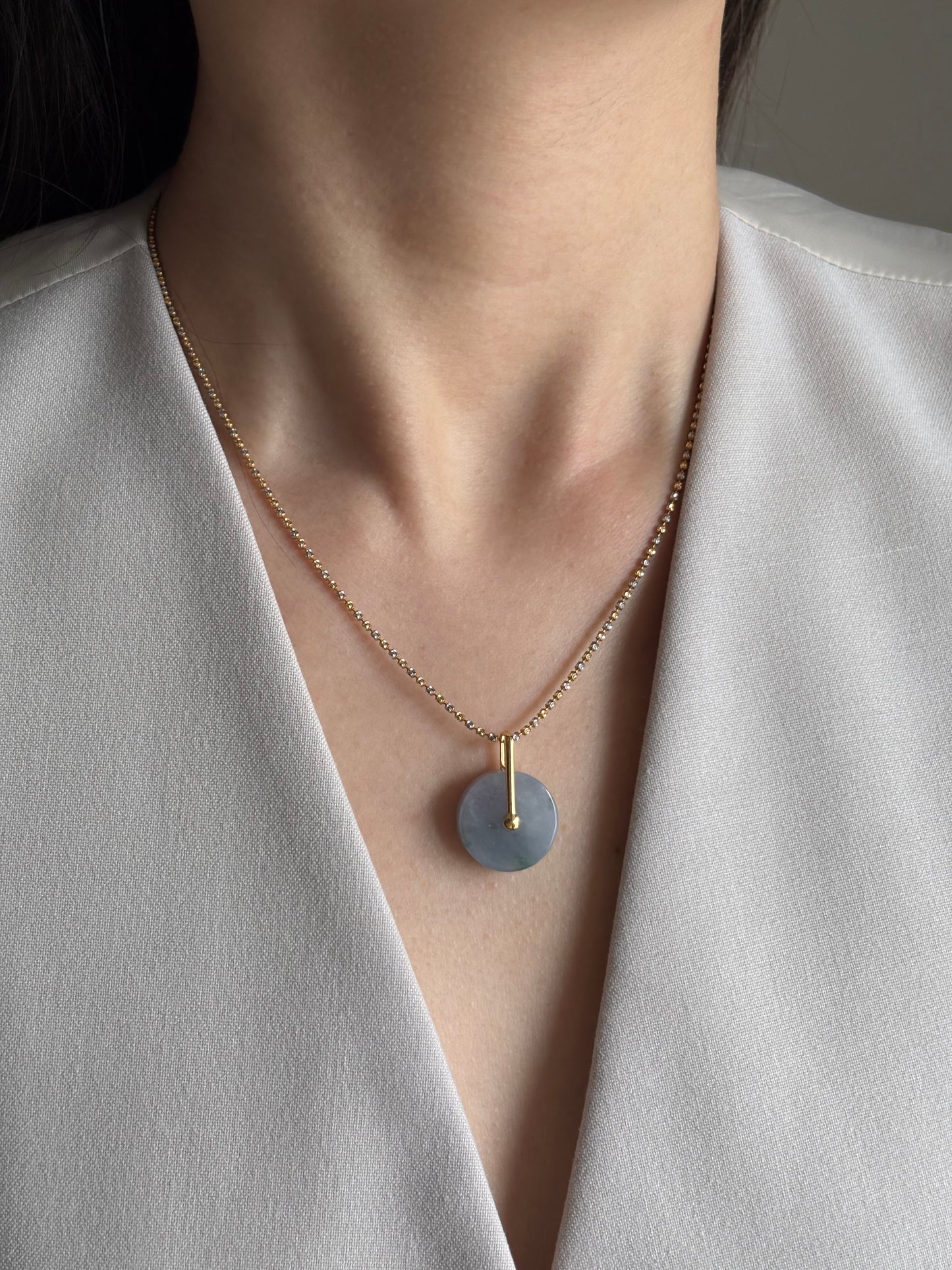 #0460 "Bi" Icy Lavender Green Jadeite Jade Donut 18K Yellow Gold Pendant