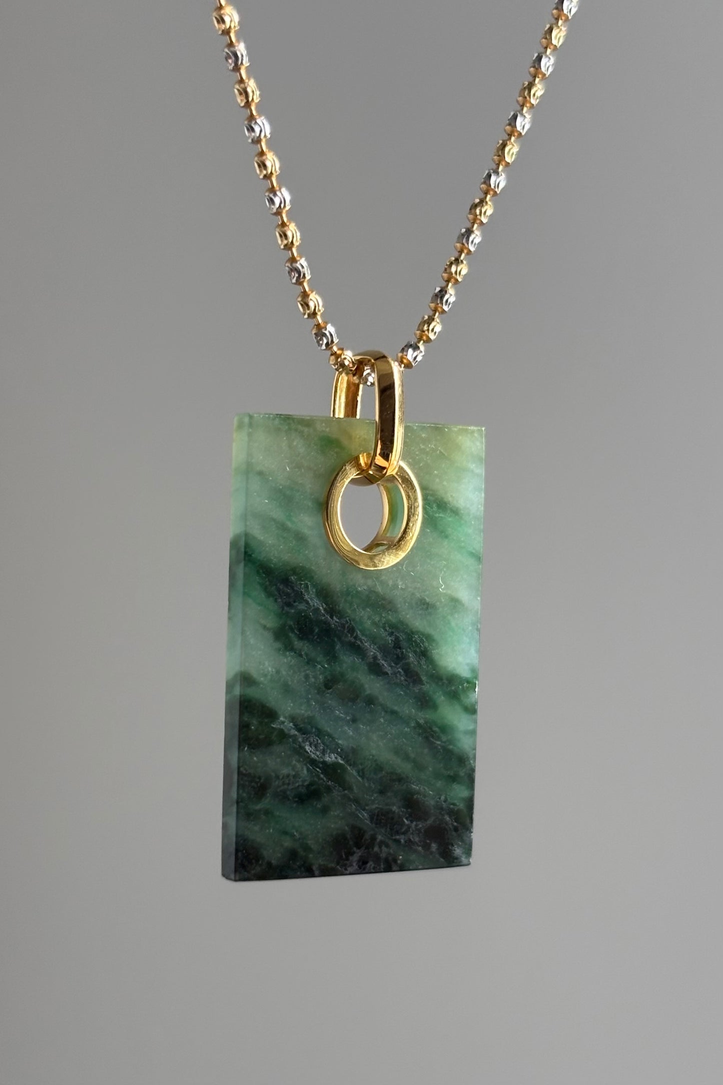 #P0456 "Wushi/Peace" Icy Dark Green Jadeite Jade 18K Yellow Gold Pendant