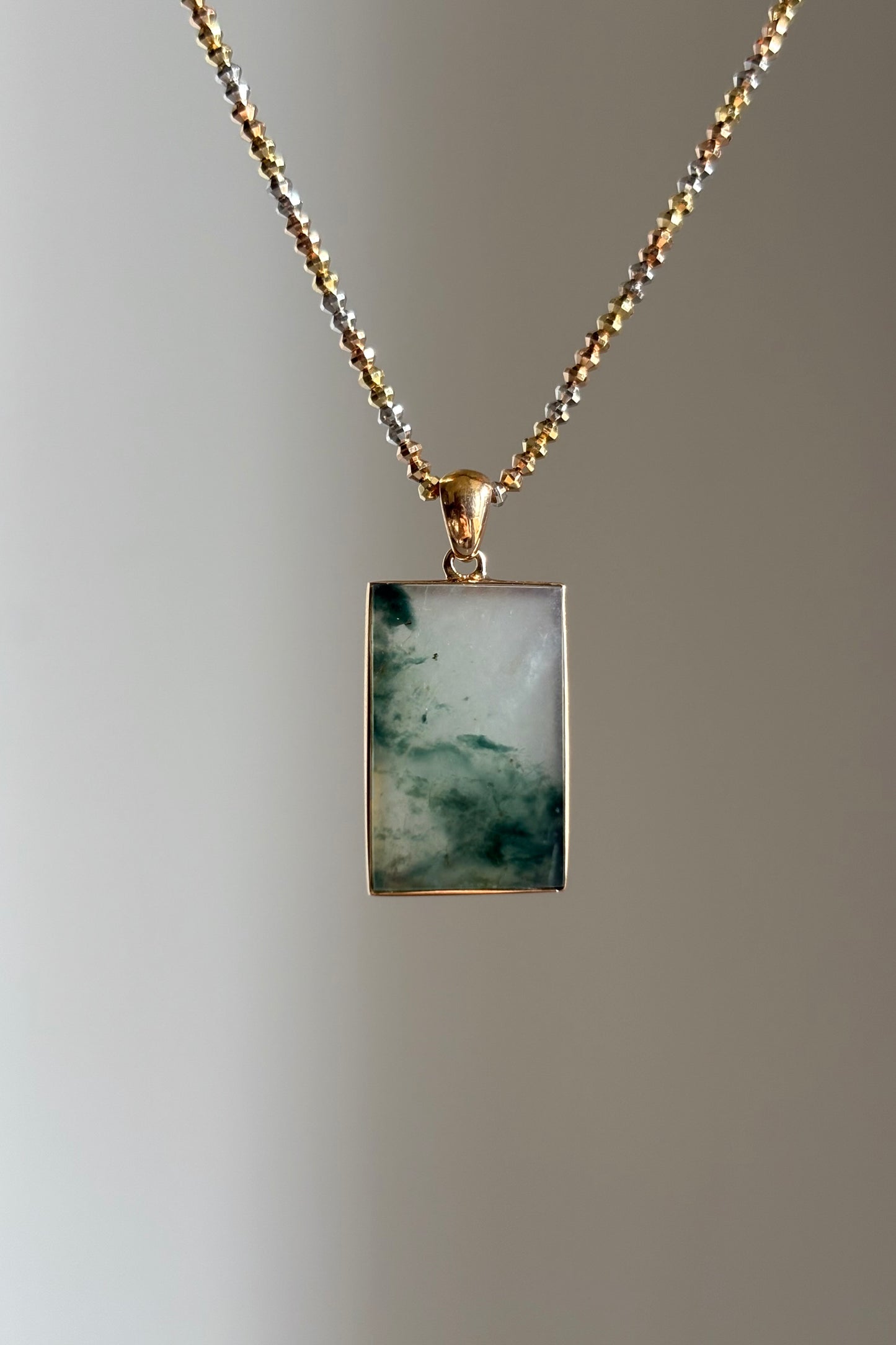 #P0486 "Wushi/Peace" Highly Icy Bluish Green Jadeite Jade Peace 18K Rose Gold Pendant