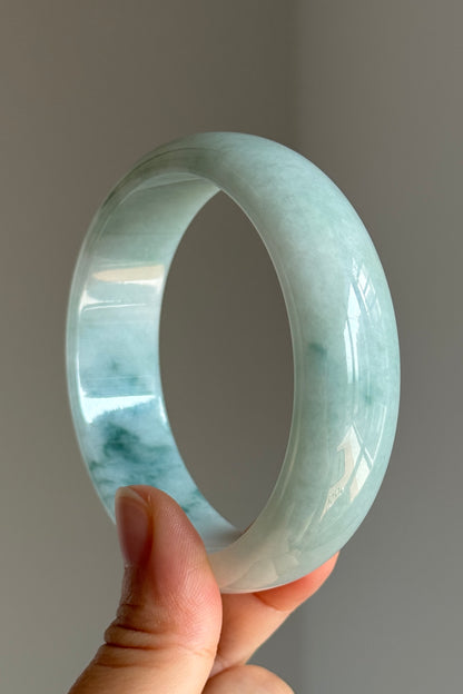 #0384 Icy Bluish Green Flower Wide Jade Bangle Size 61.7