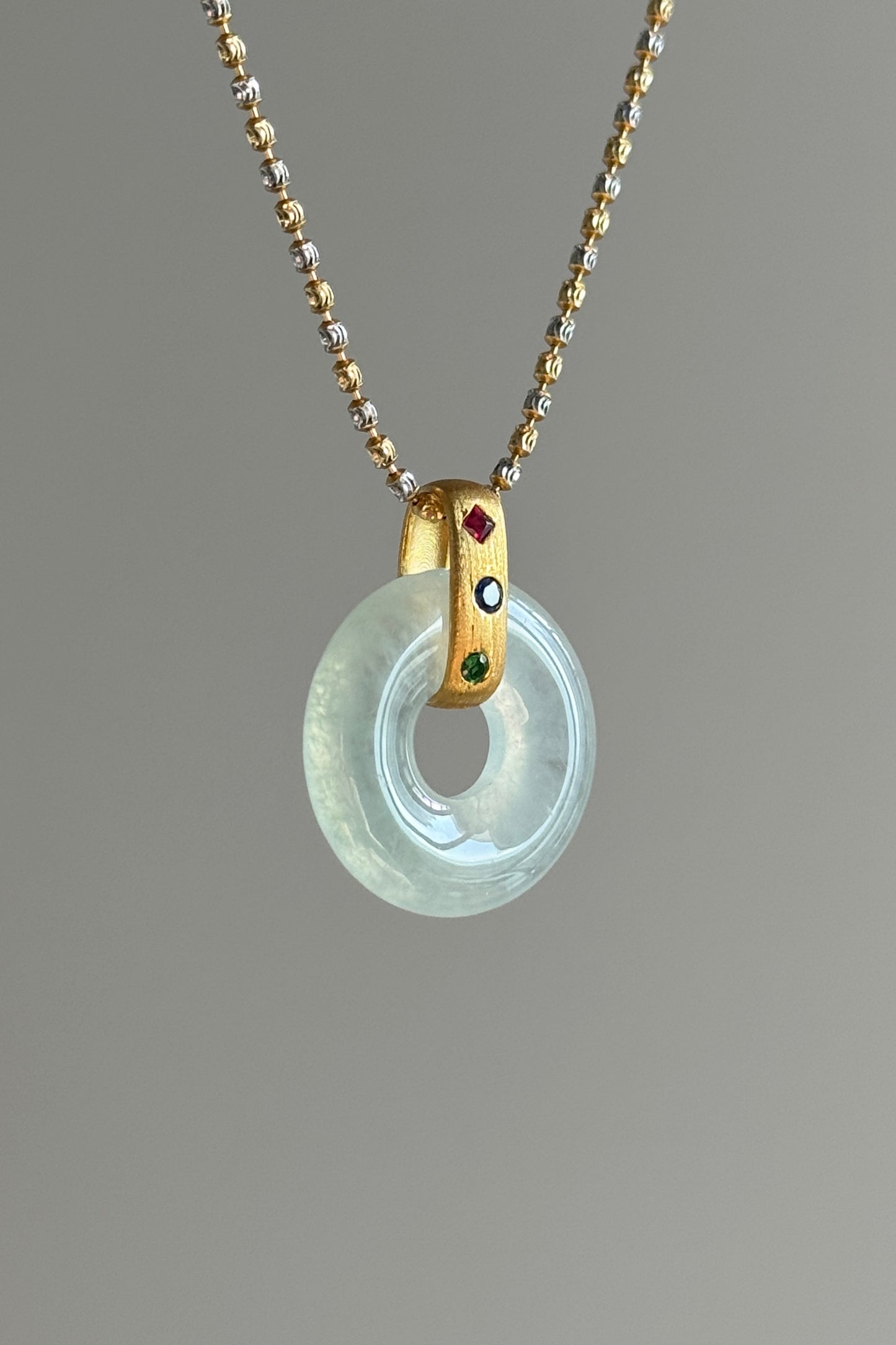 #P0491 "Bi" Highly Icy Light Green Jadeite Jade Donut 18K Yellow Gold Pendant