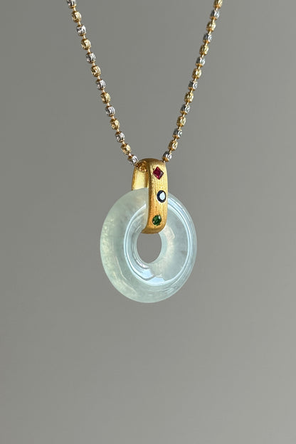 #P0491 "Bi" Highly Icy Light Green Jadeite Jade Donut 18K Yellow Gold Pendant
