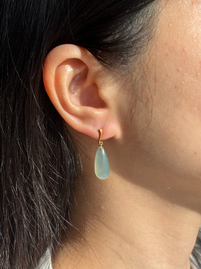#E0305 "Water Drop" Icy Blue Green Jadeite Jade 18K Yellow Gold Earrings