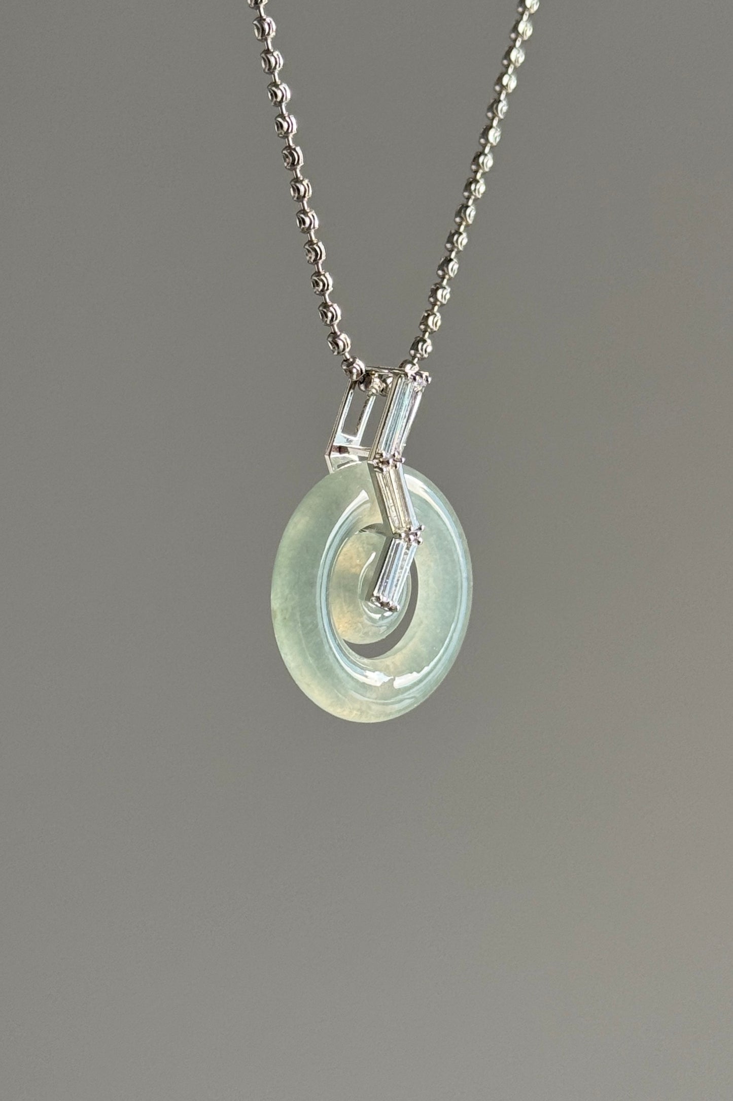 #P0495 "Bi" Highly Icy Light Green Jadeite Jade Donut 18K White Gold Pendant