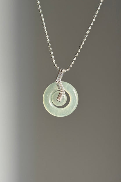 #P0495 "Bi" Highly Icy Light Green Jadeite Jade Donut 18K White Gold Pendant
