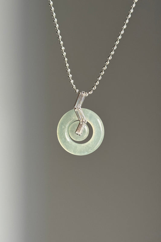 #P0495 "Bi" Highly Icy Light Green Jadeite Jade Donut 18K White Gold Pendant