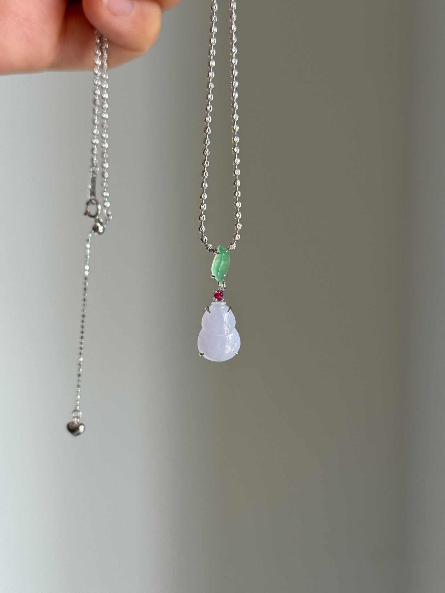 #P0537 "Hulu/Gourd" Icy Pink Lavender & Sun Green Jadeite Jade 18K White Gold Pendant