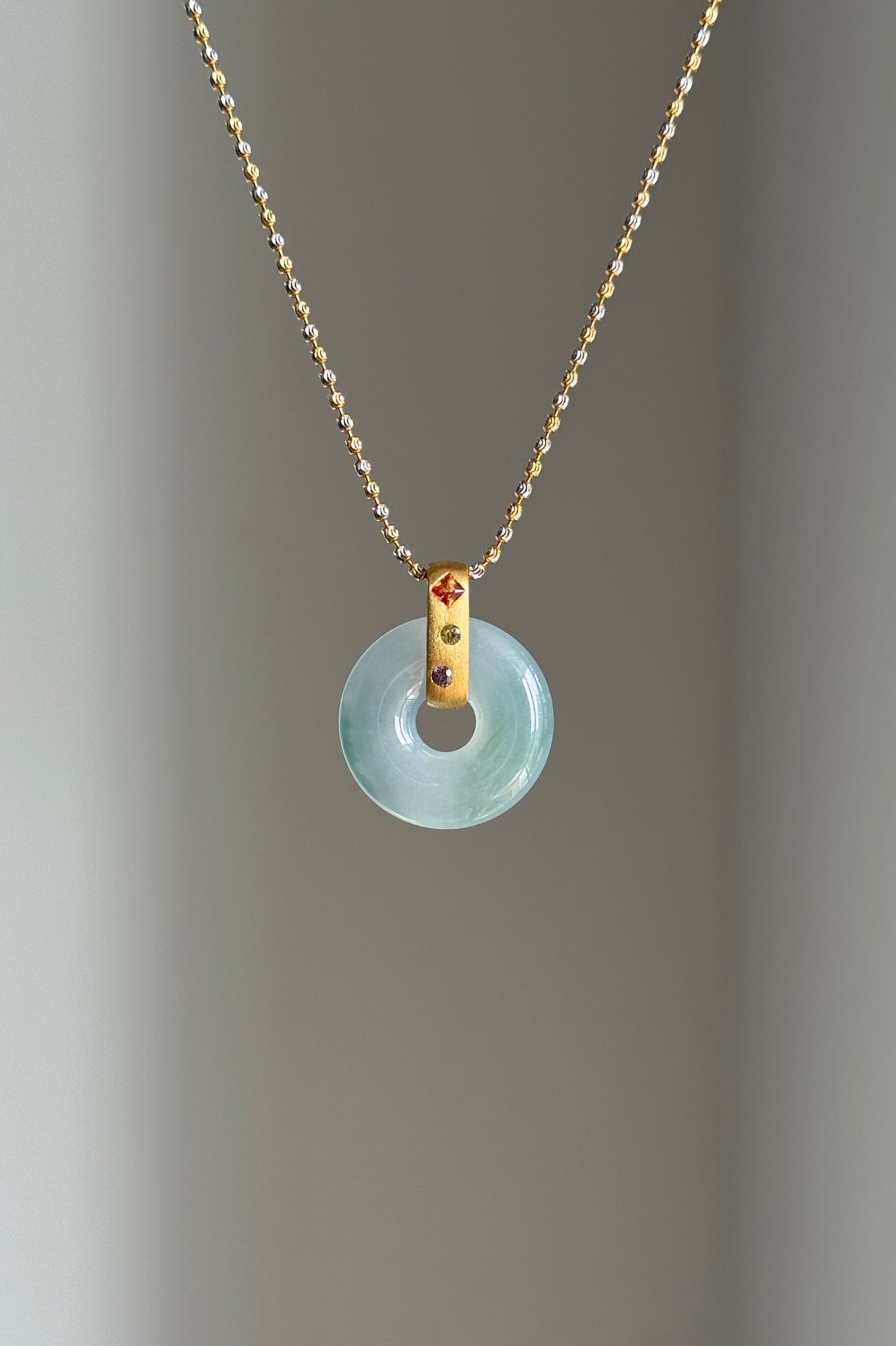 #P0544 "Bi" Icy Blue Green Jadeite Jade Donut 18K Yellow Gold Pendant