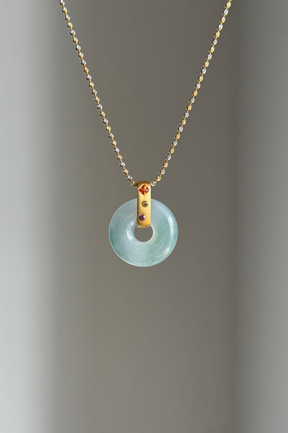 #P0544 "Bi" Icy Blue Green Jadeite Jade Donut 18K Yellow Gold Pendant