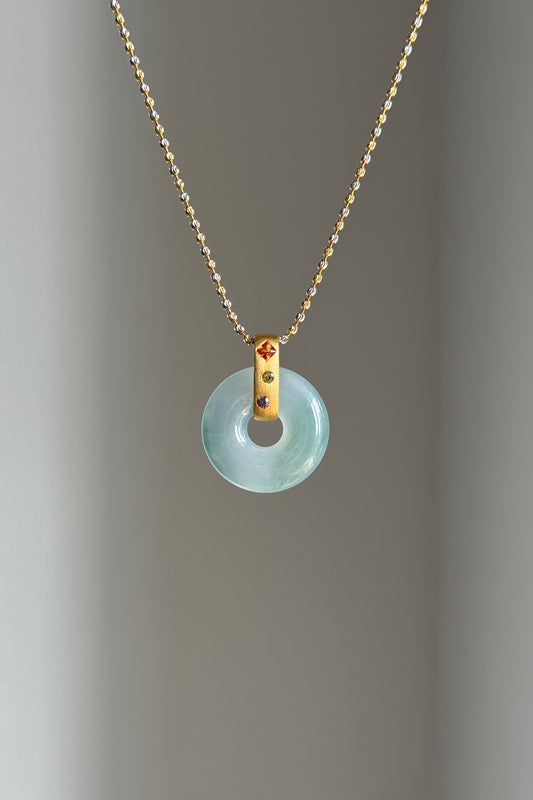 #P0544 "Bi" Icy Blue Green Jadeite Jade Donut 18K Yellow Gold Pendant