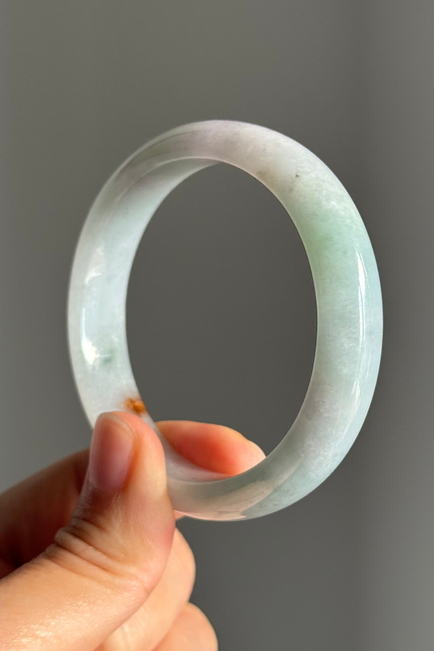 #0378 Icy Lotus Green Red Spot Oval Jade Bangle Size 55