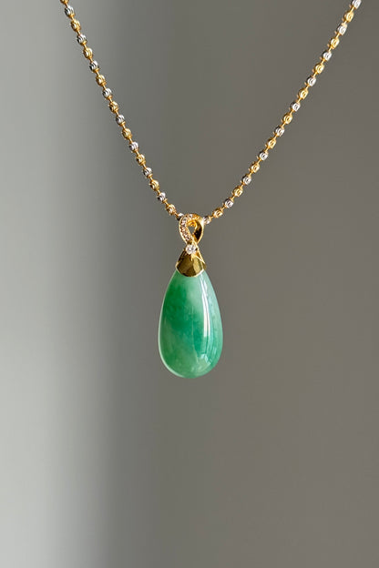 #P0501 "Water Drop" Icy Rich Green Jadeite Jade 18K Yellow Gold Pendant