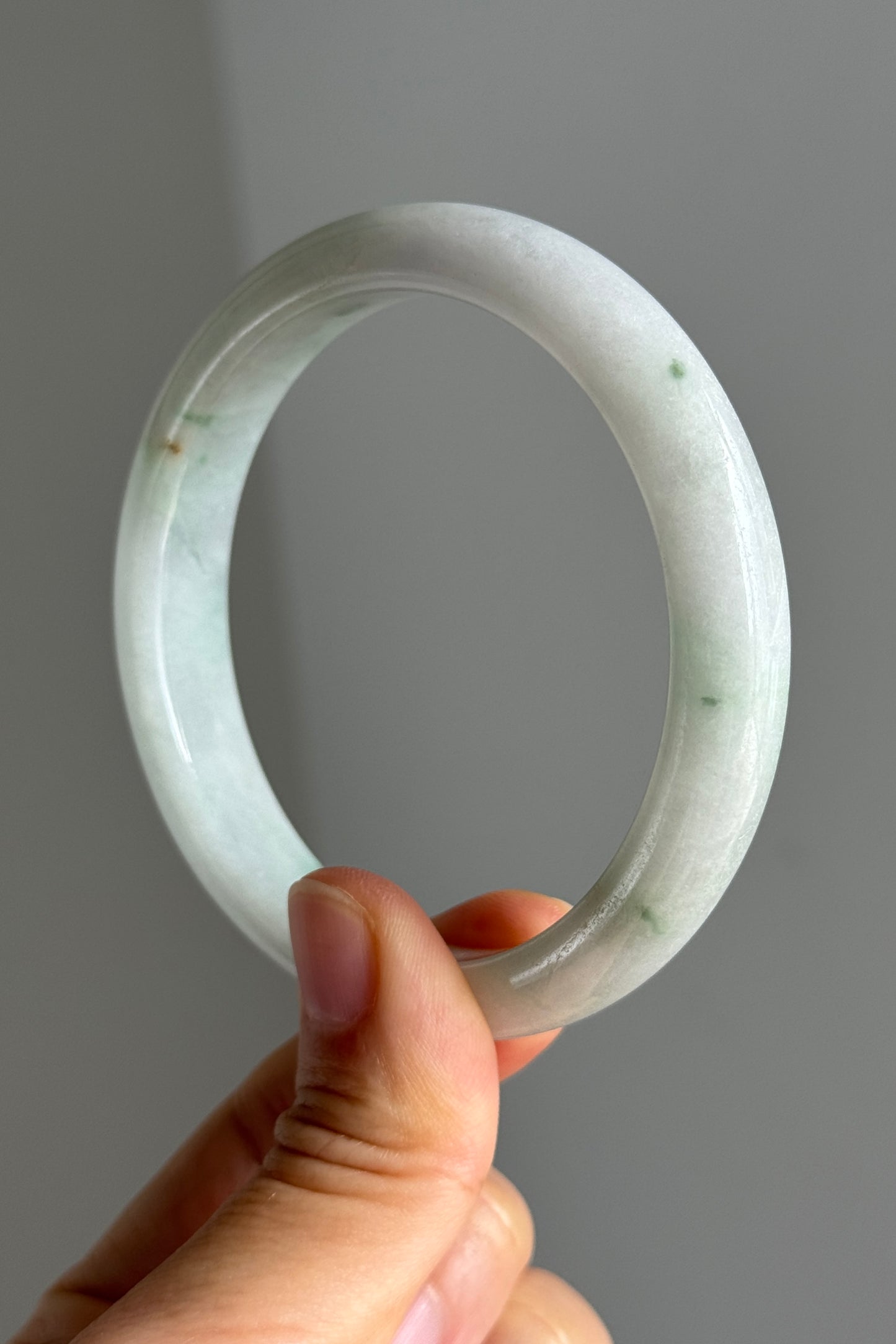 #0366 Light Green Flower White Jade Bangle Size 59.1
