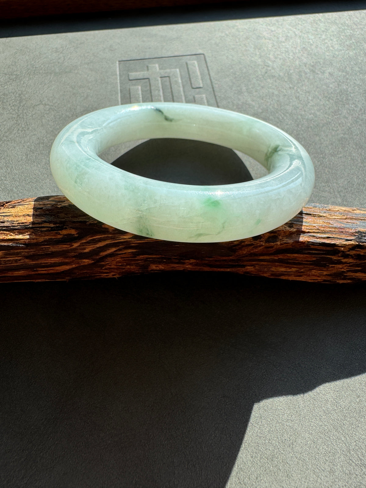 #0429 Icy Light Green Flower Round Jade Bangle Size 50.6 (fits up to 52)