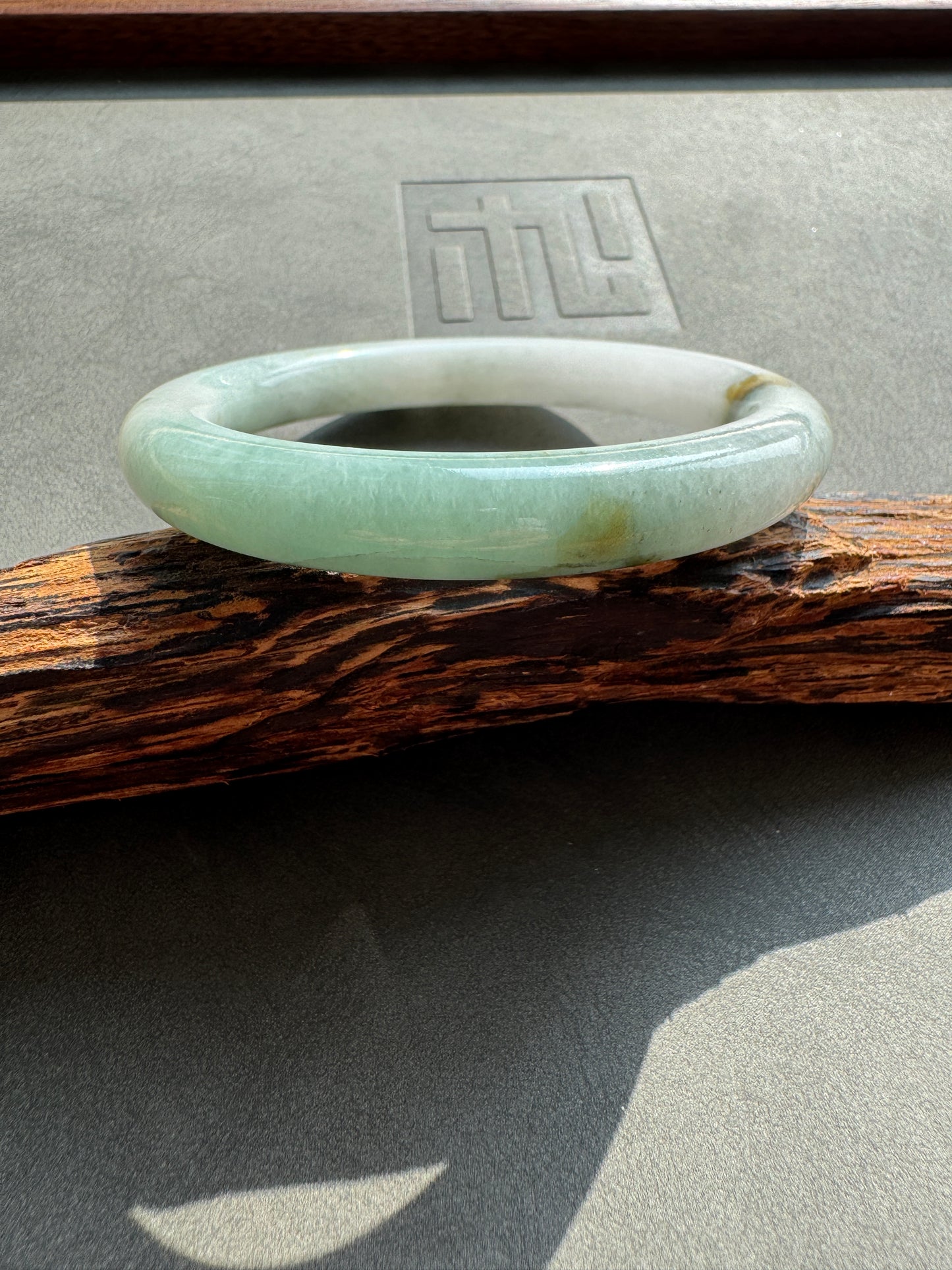 #0359 Lotus Green White Jade Bangle Size 51.2 (fits up to 53)
