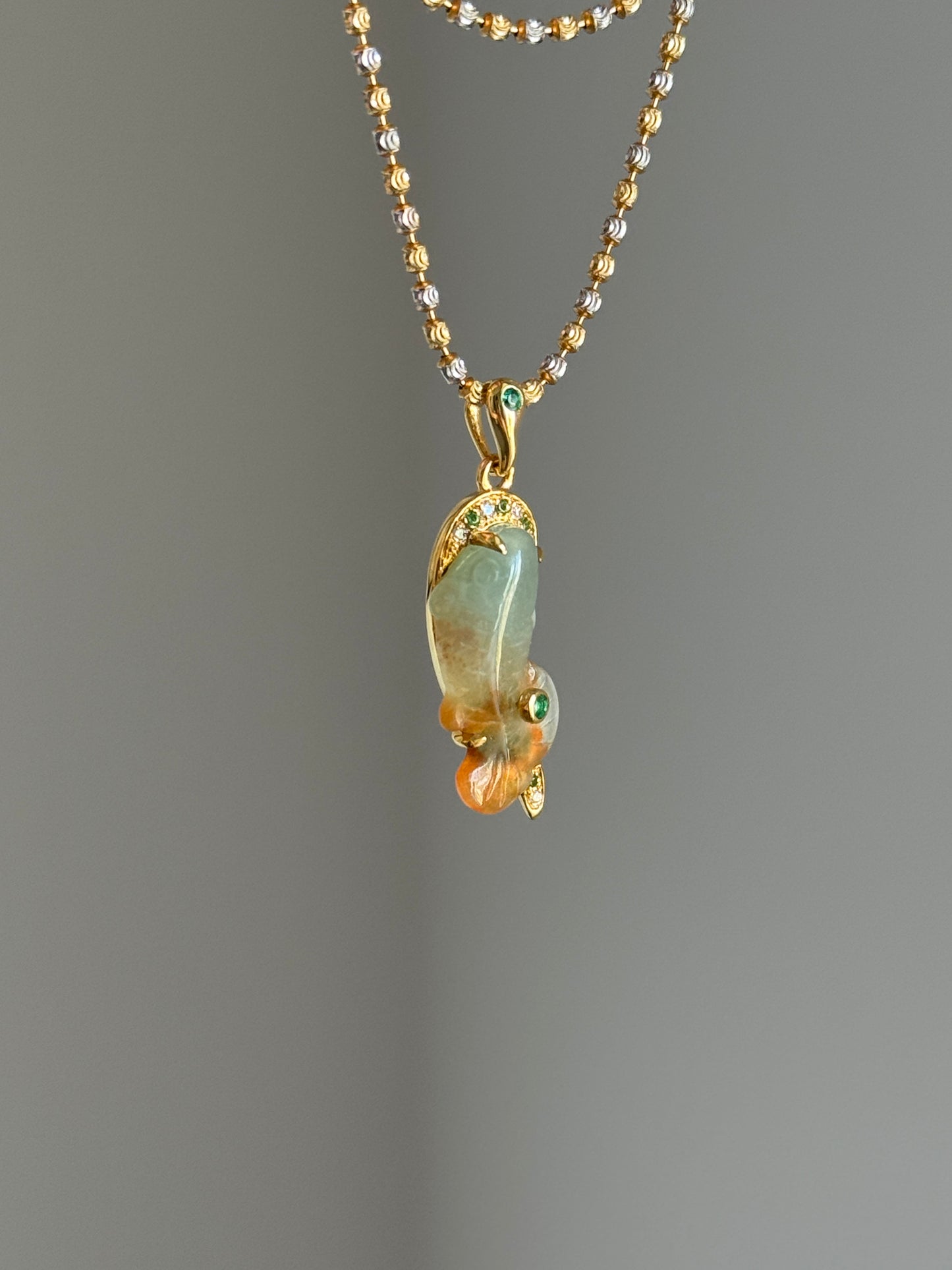 #P0562 "Goldfish" Icy Orange Red Jadeite Green Jade 18K Yellow Gold Pendant