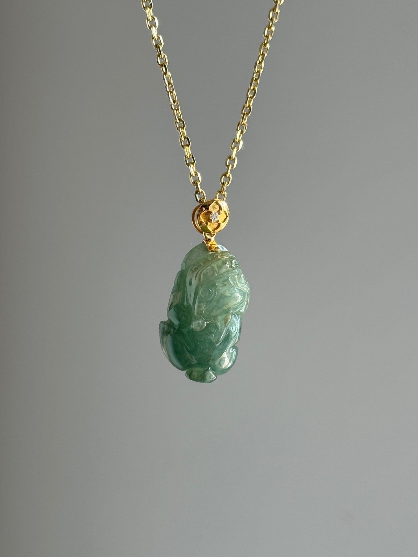 #P0542 "Pixiu" Icy Blue Water Green Jadeite Jade 18K Yellow Gold Pendant