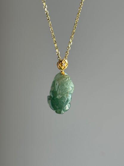 #P0542 "Pixiu" Icy Blue Water Green Jadeite Jade 18K Yellow Gold Pendant