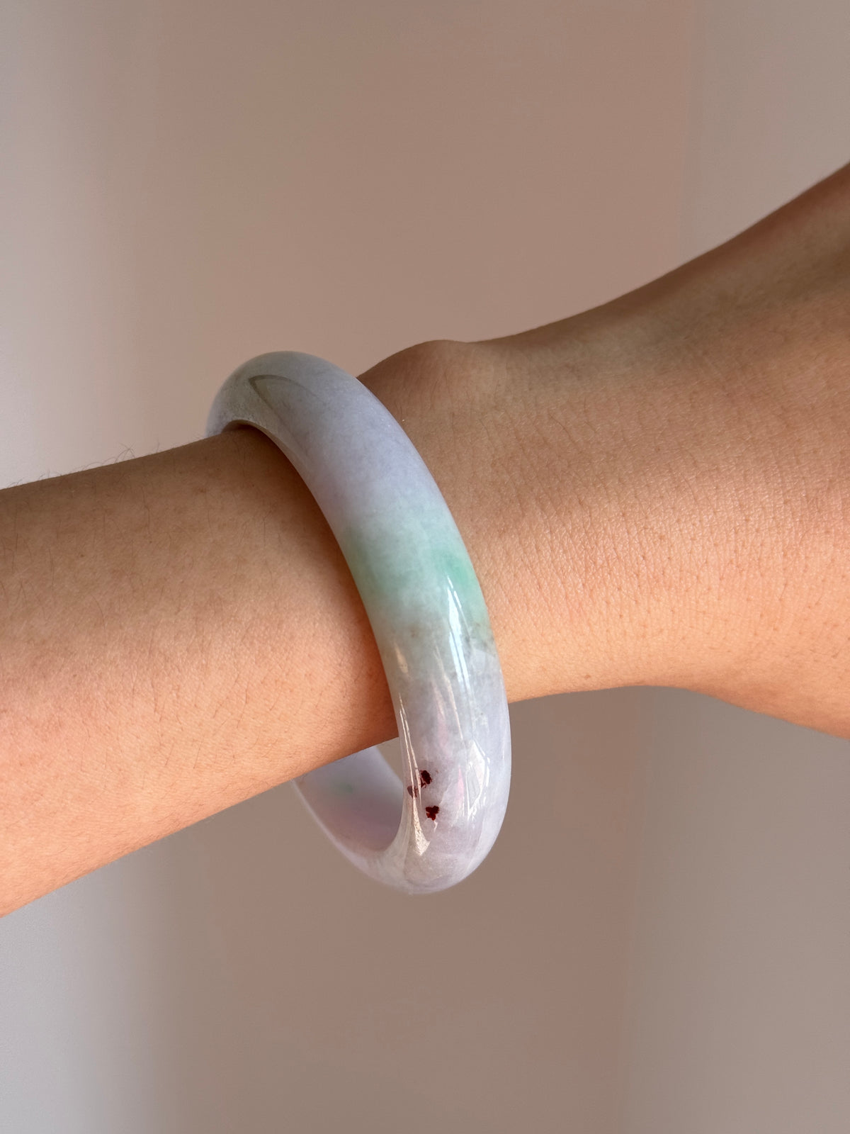 #0424 Light Lavender Sun Green Red Spots Jade Bangle Size 54