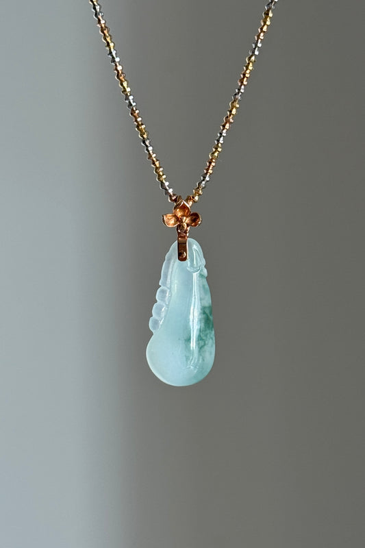 #P0487 "Fortune Melon" Icy Bluish Green Jadeite Jade 18K Rose Gold Pendant