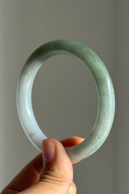 #0381 Icy Lotus Green White Jade Bangle Size 54.7 (fits up to 56.7)