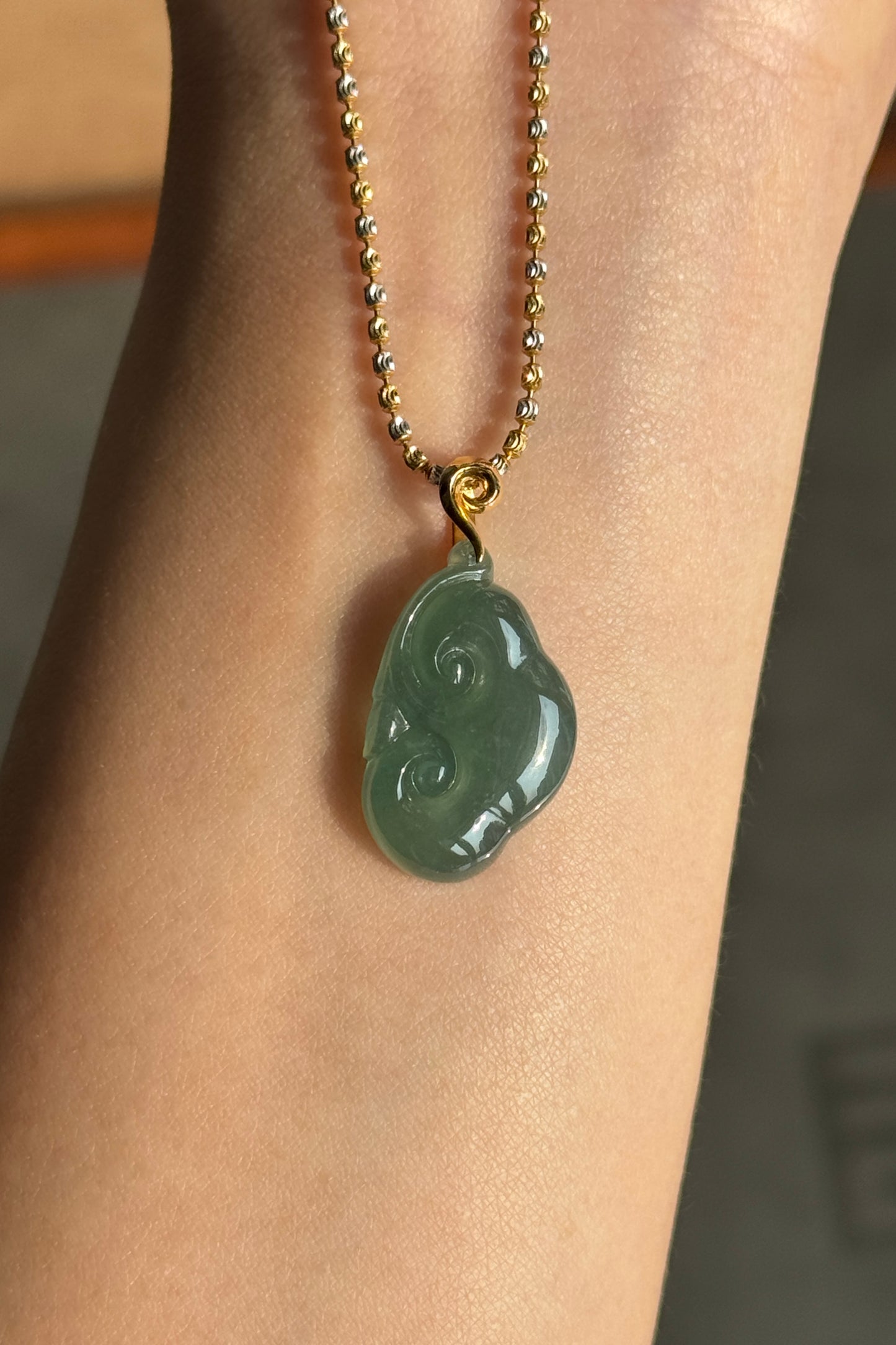 #P0527 "Ruyi / As Your Wish" Highly Icy Blue Water Rich Lake Green Jadeite Jade 18K Yellow Gold Pendant