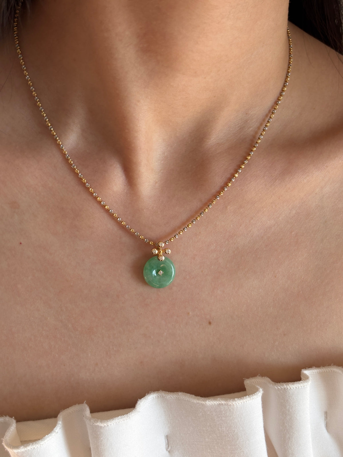 #P0570 "Blossom Bi" Icy Sun Green Jadeite Jade Donut 18K Yellow Gold Pendant