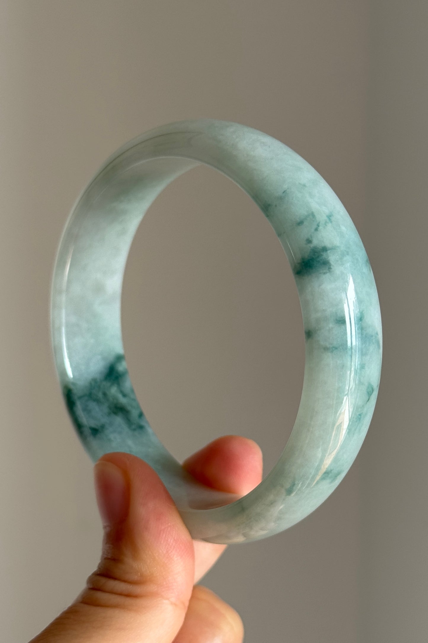 #0421 Icy Bluish Green Flower Jade Bangle Size 60.5