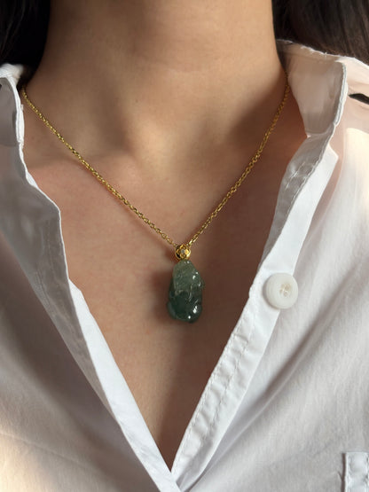 #P0542 "Pixiu" Icy Blue Water Green Jadeite Jade 18K Yellow Gold Pendant