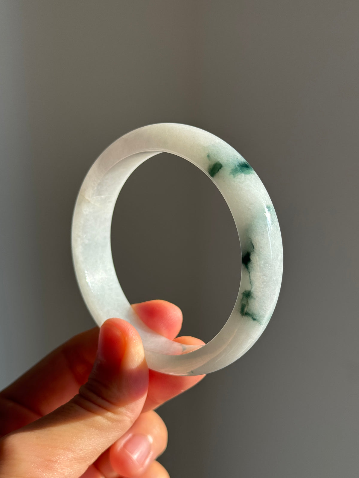 #0456 Icy Bluish Green Flower Jade Bangle Size 57.8