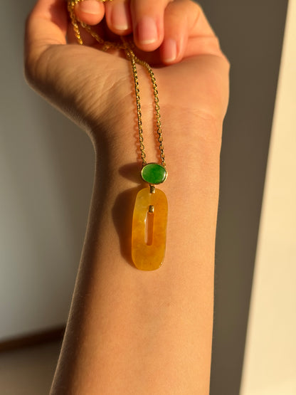 #P0538 "Retro Bi" Icy Golden Yellow Bi & Imperial Green Cabochon Jadeite Jade 18K Yellow Gold Pendant
