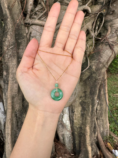 "Bi" Bright Green Jadeite Jade Donut 18K Yellow Gold VS Diamonds Pendant