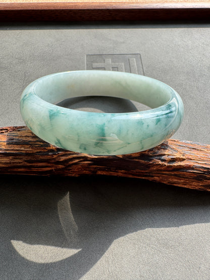#0399 Icy Bluish Green Flower Jade Bangle Size 60.6