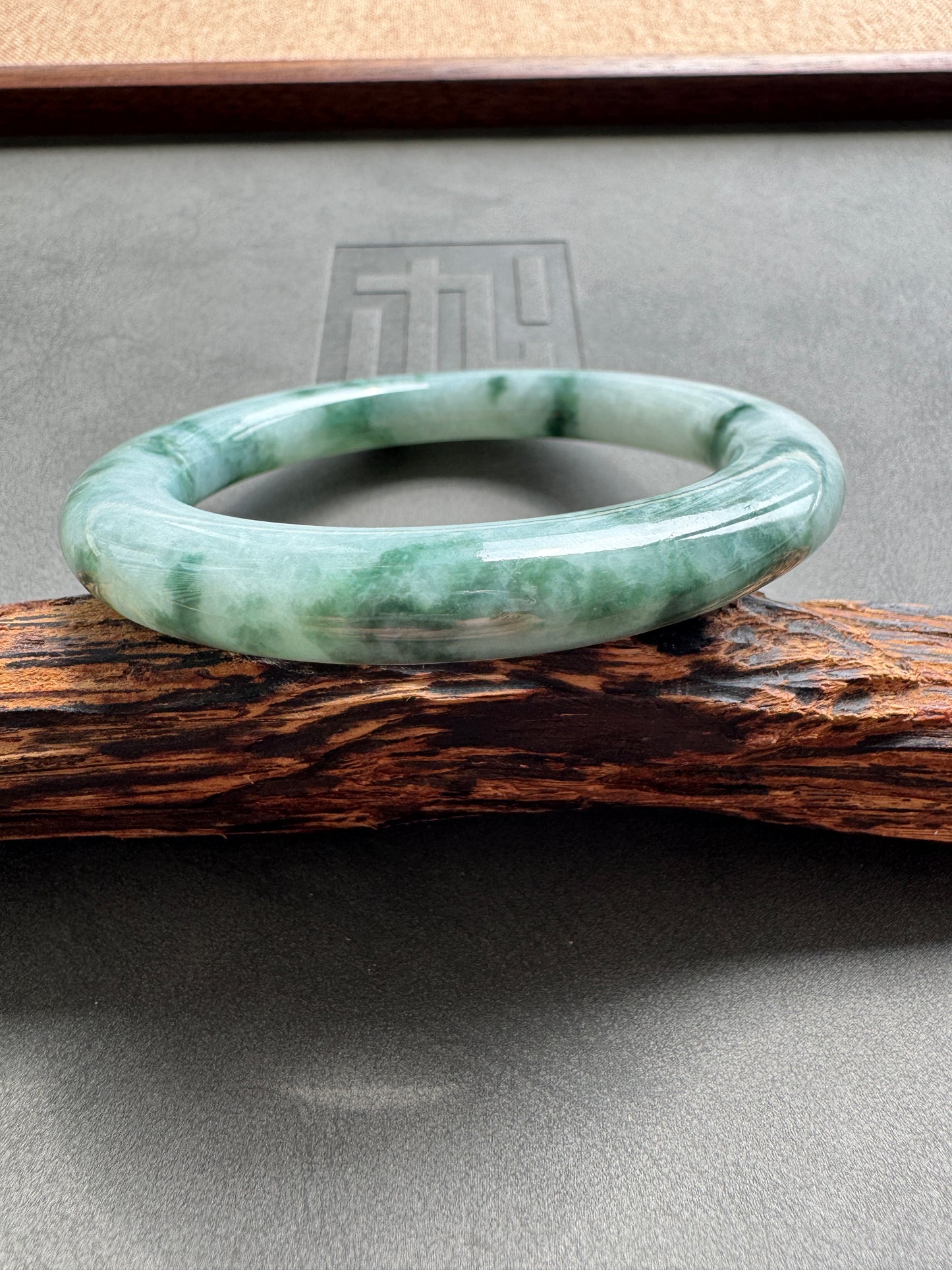 #0365 Icy Green Flower Jade Bangle Size 54.3 (fits up to 56)