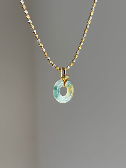 #P0525 "Bi" Highly Icy Golden Yellow Green Petite Jadeite Jade Donut 18K Yellow Gold Pendant