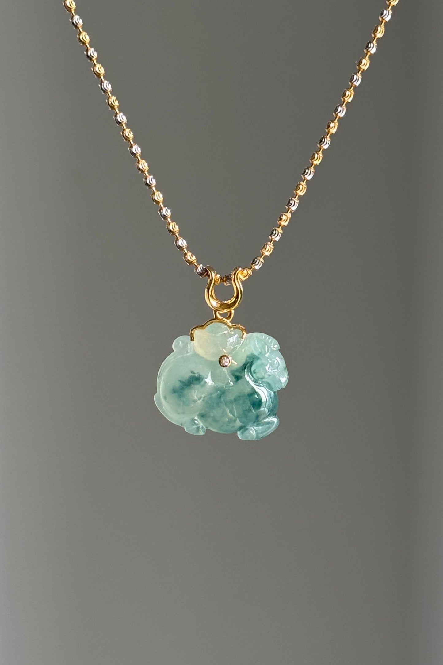#P0505 "Tang Horse" Icy Blue Flower Jadeite Jade 18K Yellow Gold Pendant