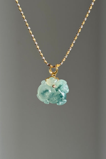 #P0505 "Tang Horse" Icy Blue Flower Jadeite Jade 18K Yellow Gold Pendant