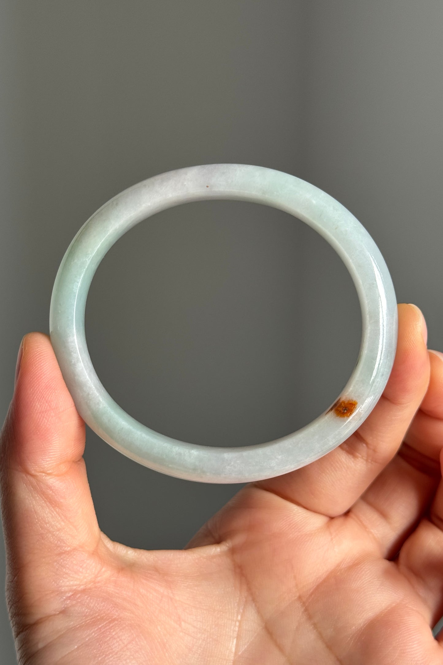 #0378 Icy Lotus Green Red Spot Oval Jade Bangle Size 55
